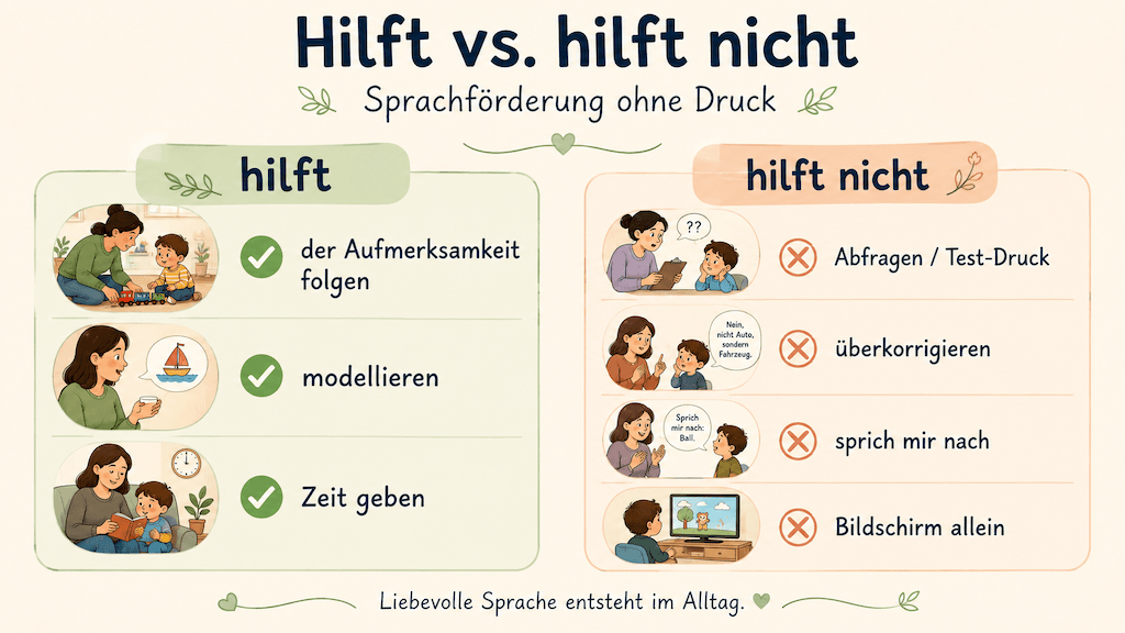 Familie setzt Sprachförderung spielerisch im Alltag um (KI-generiert)