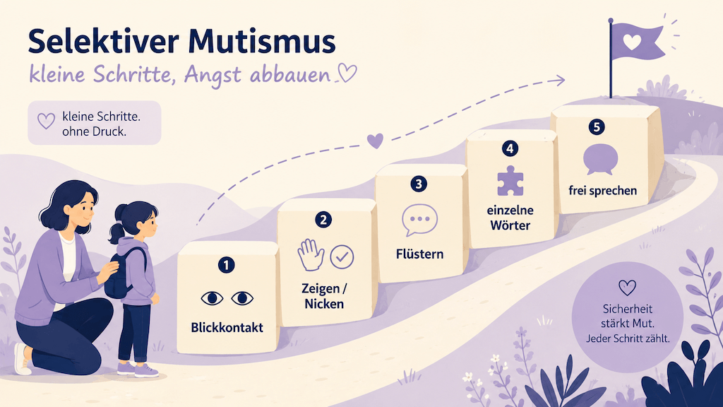Illustration zeigt den Weg in kleinen Schritten vom nonverbalen Kontakt bis zum freien Sprechen beim selektiven Mutismus (KI-generiert)