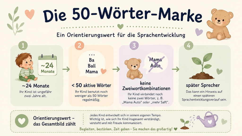 Infografik erklärt die 50-Wörter-Marke: mit rund 24 Monaten unter 50 aktiven Wörtern und keine Zweiwortkombinationen gilt als später Sprecher (KI-generiert)