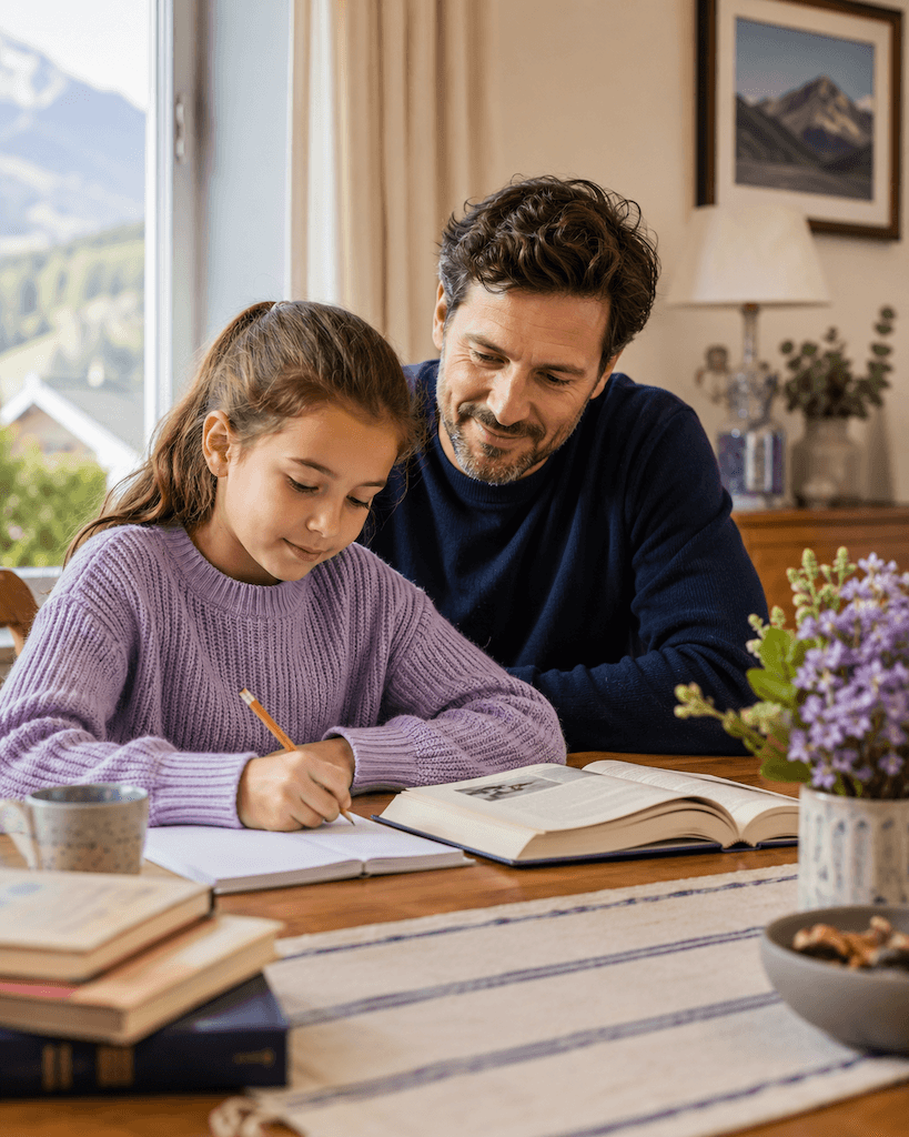 Schulkind übt zu Hause zuversichtlich Lesen und Schreiben, ein Elternteil unterstützt (KI-generiert)