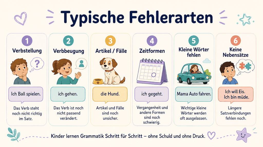 Infografik zeigt typische Fehlerarten bei Dysgrammatismus wie falsche Verbstellung, Verbbeugung und Artikel (KI-generiert)
