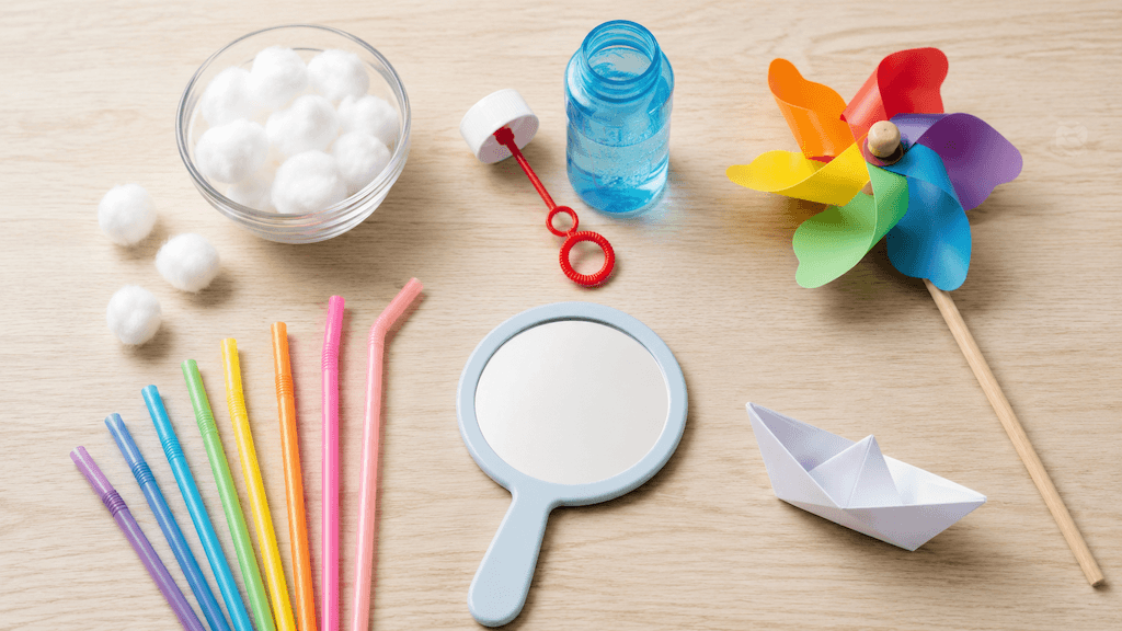 Einfaches Haushaltsmaterial für Puste- und Mundmotorik-Übungen mit Kindern (KI-generiert)