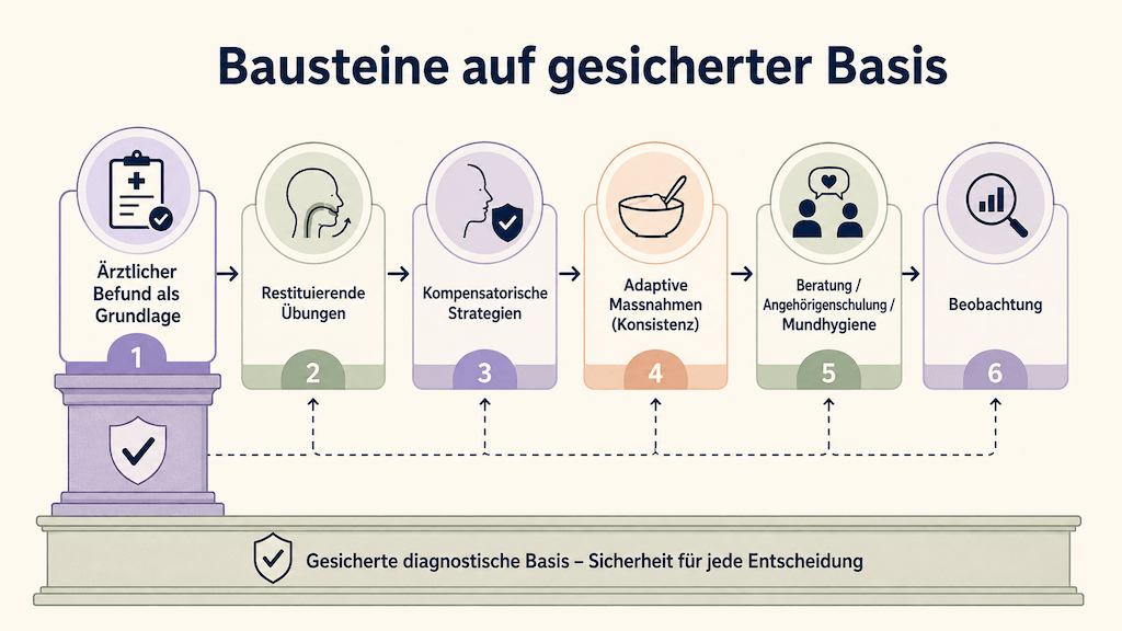 Infografik zeigt die Bausteine einer funktionellen Schlucktherapie auf gesicherter ärztlicher Grundlage von Übungen über Strategien bis zur Angehörigenschulung (KI-generiert)