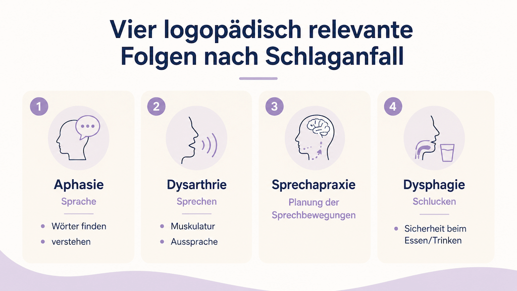 Infografik erklärt die vier logopädisch relevanten Folgen eines Schlaganfalls: Aphasie, Dysarthrie, Sprechapraxie und Dysphagie (KI-generiert)