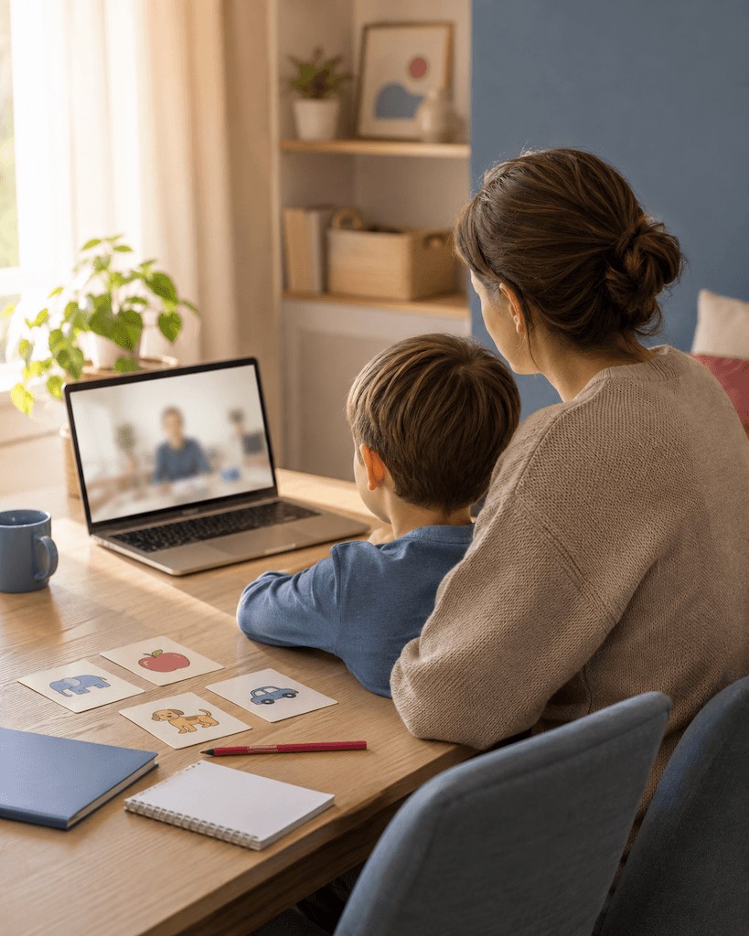 Elternteil sitzt mit Kind beim Online-Termin dabei (KI-generiert)