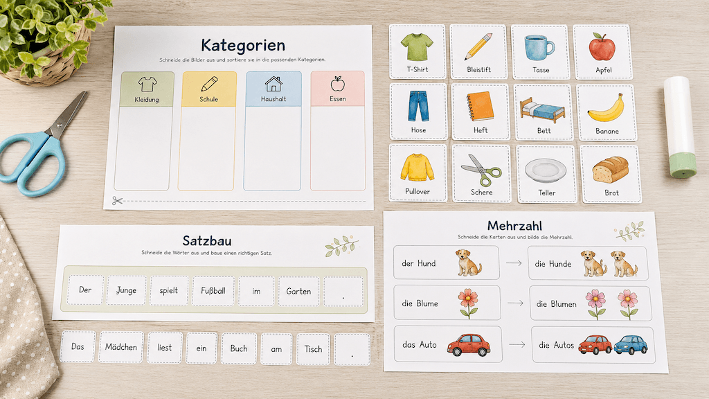 Wortschatz- und Grammatik-Übungsblätter mit Bildkarten und Sortiervorlagen zum Ausdrucken (KI-generiert)