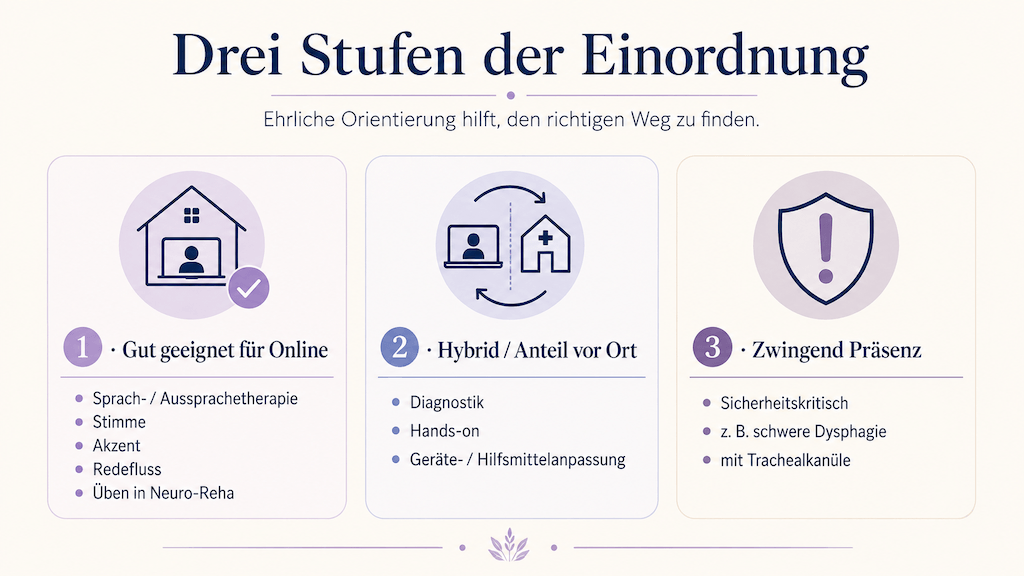Infografik zeigt drei Stufen: gut geeignet für Online, Hybrid mit Anteil vor Ort und zwingend Präsenz (KI-generiert)