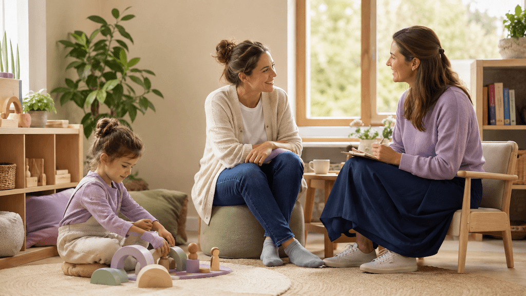 Familie und Betreuung unterstützen ein Kind mit selektivem Mutismus gemeinsam und druckfrei, das Kind fühlt sich sicher (KI-generiert)