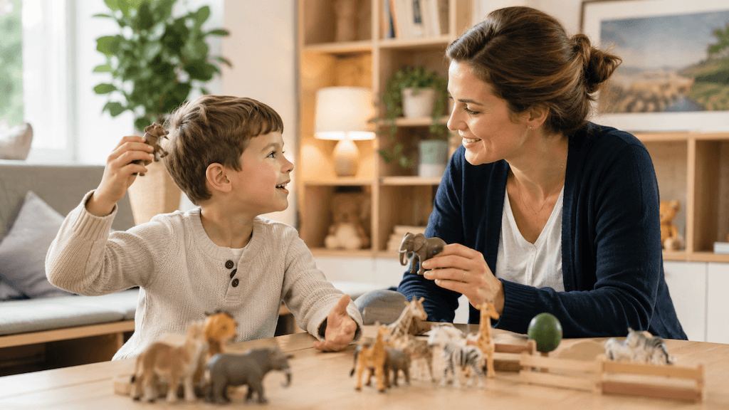 Elternteil modelliert beiläufig einen richtigen Satz, während das Kind fröhlich weitererzählt (KI-generiert)