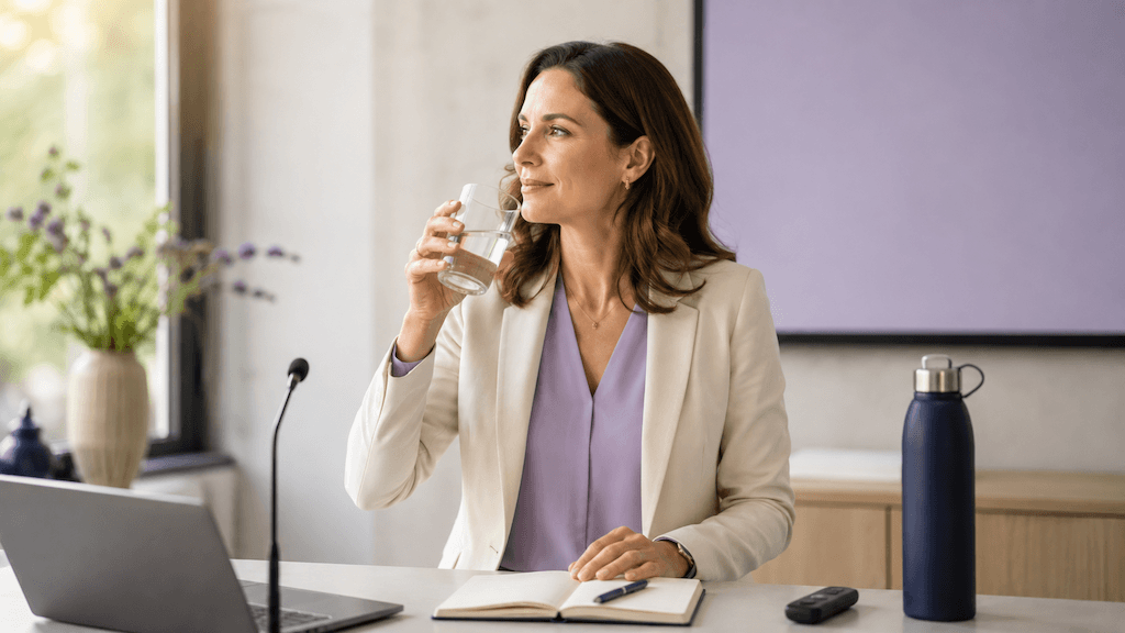 Berufssprecherin gönnt sich eine bewusste Stimmpause mit einem Glas Wasser am Arbeitsplatz (KI-generiert)