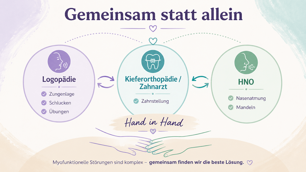 Grafik zeigt die interdisziplinäre Zusammenarbeit von Logopädie, Kieferorthopädie und HNO bei der myofunktionellen Störung (KI-generiert)