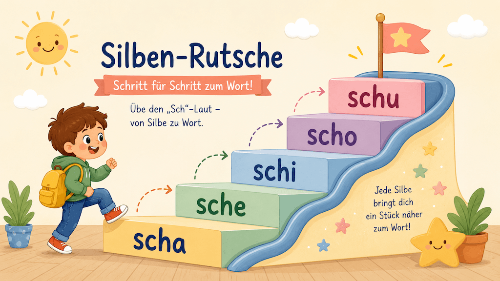 Illustrierte Silben-Rutsche zum stufenweisen Üben des Sch-Lauts von der Silbe zum Wort (KI-generiert)