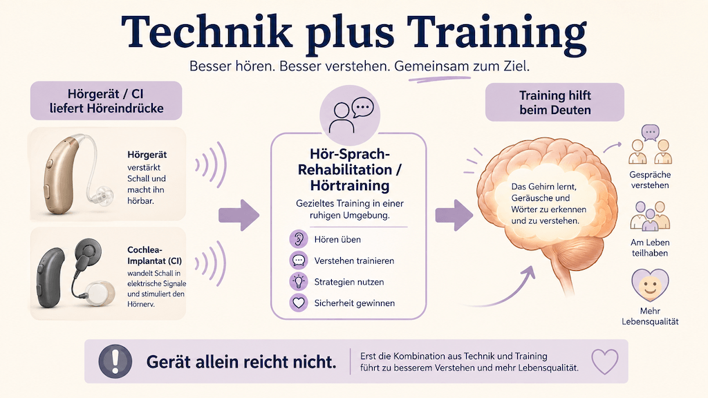 Infografik zeigt, dass Hörgeräte und Cochlea-Implantate die Höreindrücke liefern und die Hör-Sprach-Rehabilitation dem Gehirn hilft, sie zu deuten (KI-generiert)