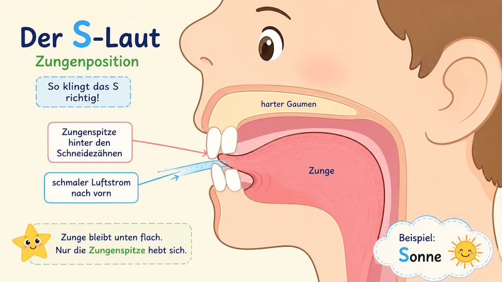 Schema der richtigen Zungenlage beim S-Laut als Hilfe für Ausspracheübungen (KI-generiert)