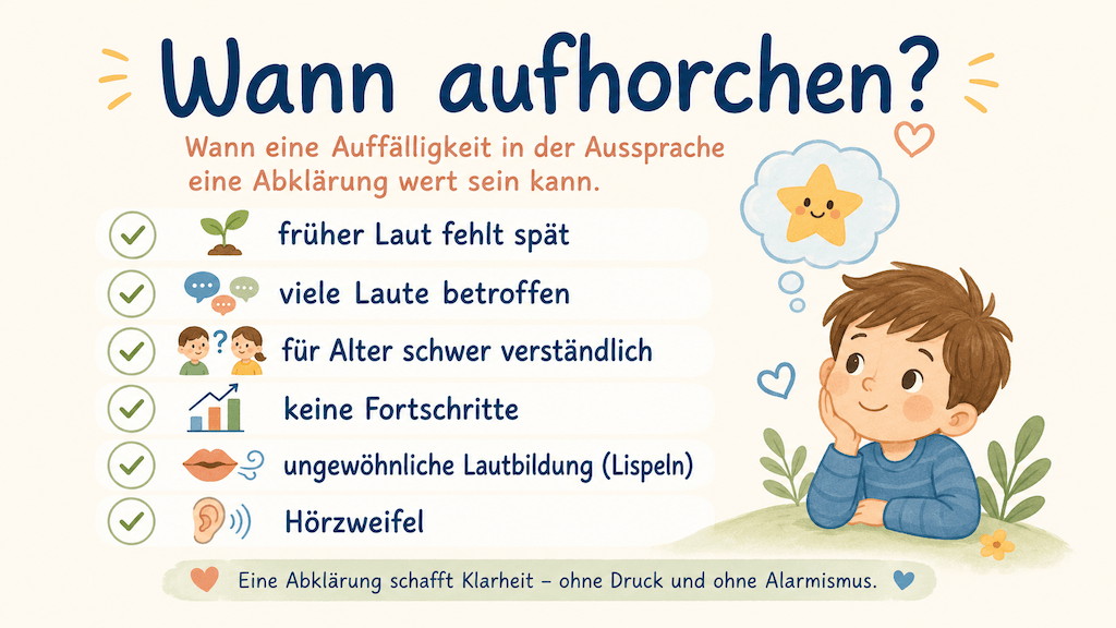 Infografik zeigt, wann ein fehlender Laut eine Abklärung nahelegt, etwa wenn ein früher Laut spät fehlt oder das Kind schwer verständlich ist (KI-generiert)