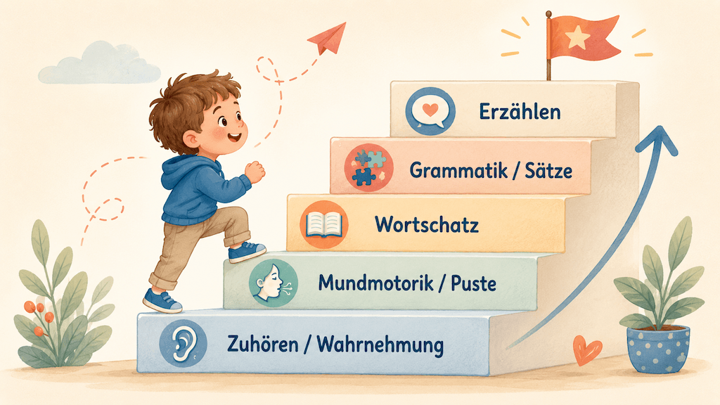Didaktische Treppe der fünf Förderziele von Sprachspielen vom Zuhören bis zum Erzählen (KI-generiert)