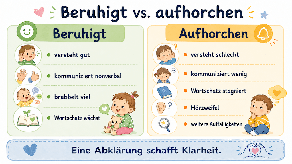 Infografik zeigt beruhigende Zeichen und Warnzeichen bei einem spät sprechenden Kind (KI-generiert)