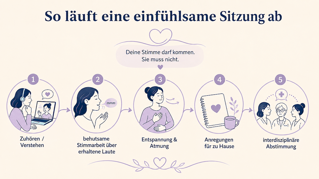 Infografik zeigt den druckarmen Ablauf einer einfühlsamen Online-Stimmsitzung von Zuhören über behutsame Stimmarbeit bis zur interdisziplinären Abstimmung (KI-generiert)