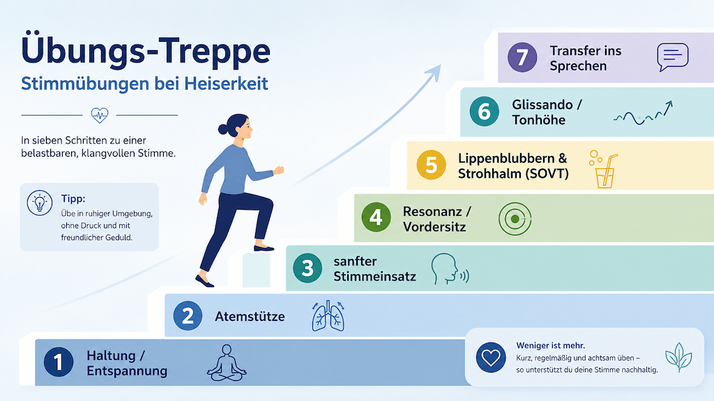 Illustrierte Treppe mit den sieben Stufen der Stimmübungen von Haltung bis Transfer ins Sprechen (KI-generiert)