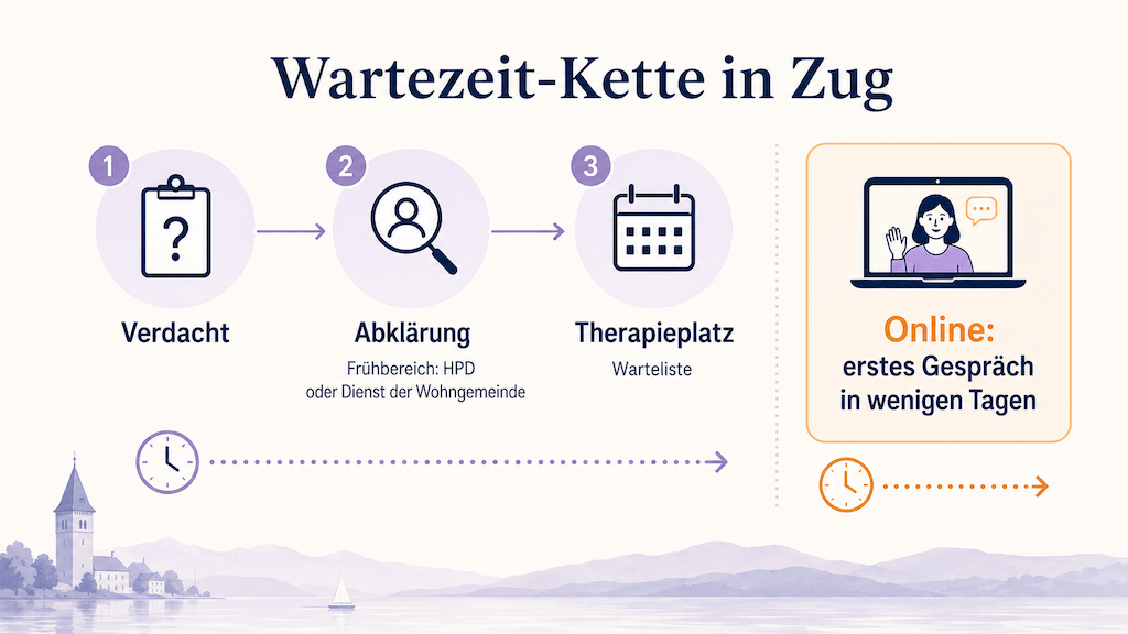 Infografik zeigt die Wartezeit-Kette für Logopädie in Zug von der Abklärung im Frühbereich oder bei der Wohngemeinde bis zum Therapieplatz im Vergleich zum sofortigen Online-Start (KI-generiert)