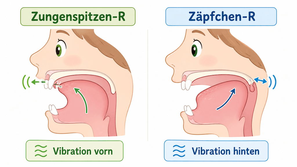 Vergleich der Zungen- und Zäpfchenlage beim gerollten Zungenspitzen-R und beim hinteren Zäpfchen-R (KI-generiert)