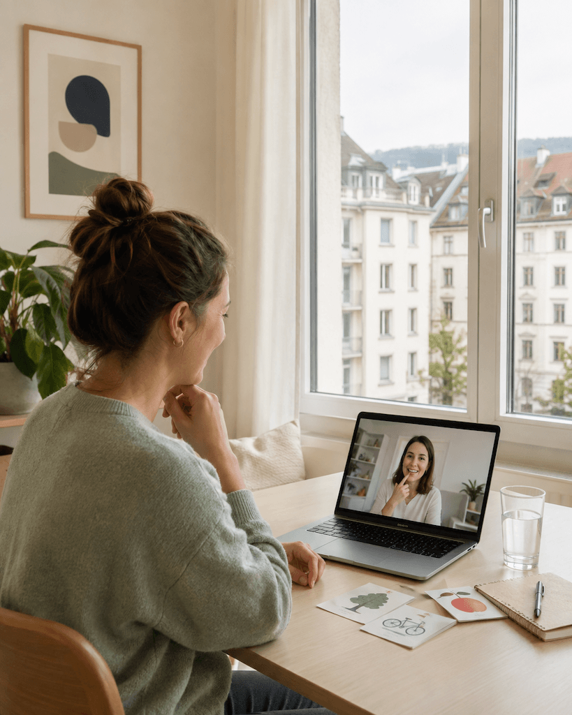 Person aus Zürich nimmt zu Hause an einer Online-Logopädie teil, per Laptop und Videoverbindung (KI-generiert)