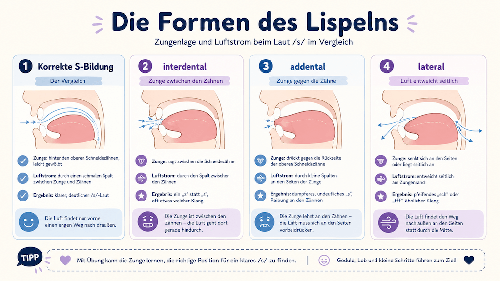 Infografik der Formen des Lispelns mit der Zungenlage bei interdentalem, addentalem und lateralem Sigmatismus (KI-generiert)