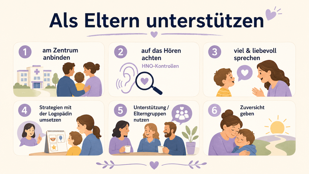 Infografik zeigt, wie Eltern ihr Kind mit LKG unterstützen, etwa am Zentrum anbinden, auf das Hören achten und viel mit dem Kind sprechen (KI-generiert)