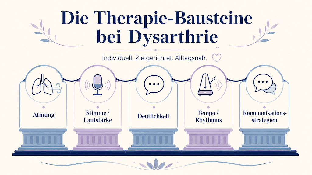 Infografik der Therapie-Bausteine bei Dysarthrie von Atmung über Lautstärke bis zu Kommunikationsstrategien (KI-generiert)