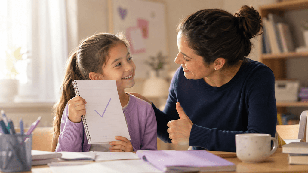 Ein Schulkind mit LRS wird ermutigt und zeigt stolz ein Erfolgserlebnis beim Lesen (KI-generiert)