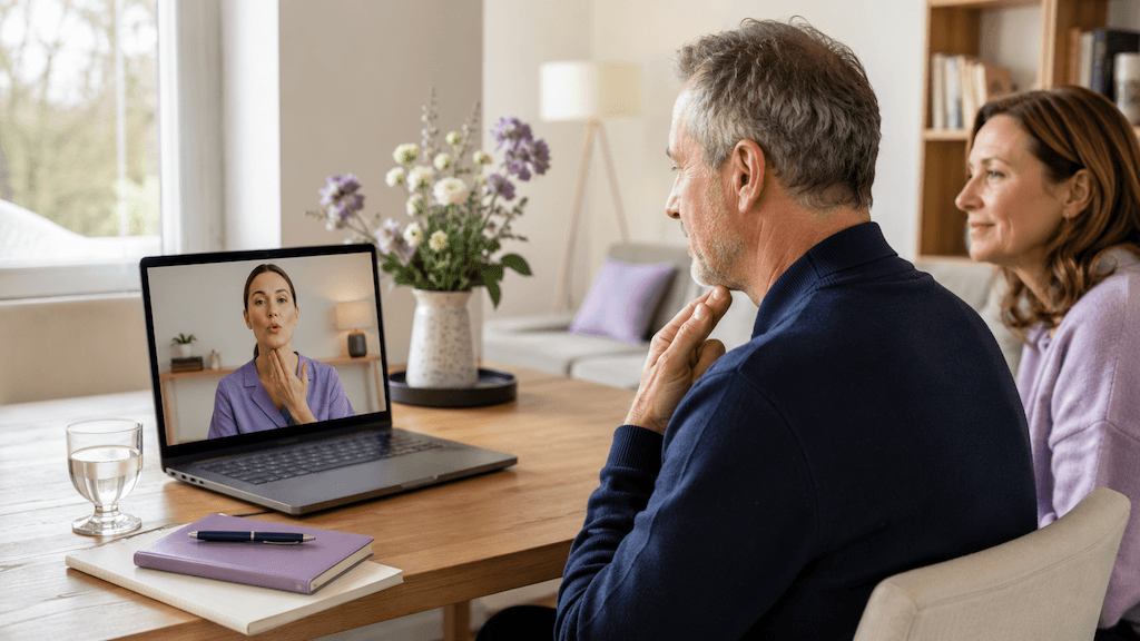 Erwachsener übt in einer Online-Logopädie-Sitzung zur Sprach- und Sprechtherapie nach einem neurologischen Ereignis (KI-generiert)