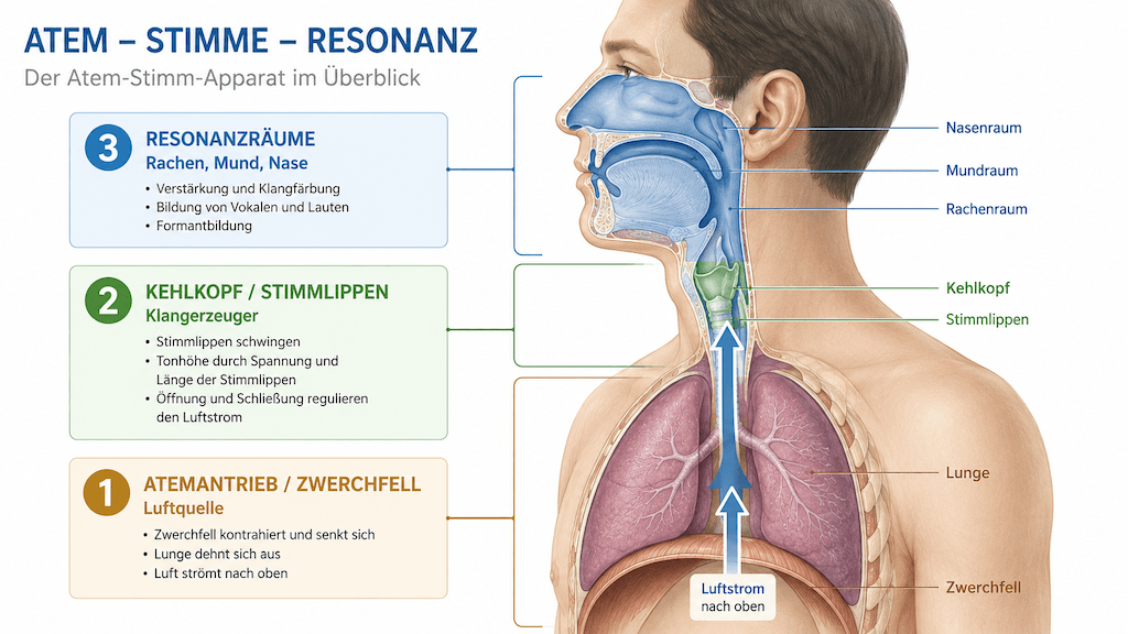 Schema des Atem-Stimm-Apparats mit Atemantrieb, Stimmlippen und Resonanzräumen als Grundlage für Stimmübungen (KI-generiert)