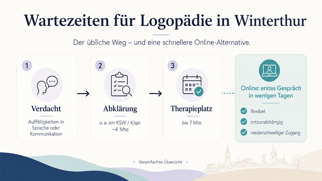 Infografik zeigt die Wartezeit-Kette für Logopädie in Winterthur und im Kanton Zürich im Vergleich zum sofortigen Online-Start (KI-generiert)