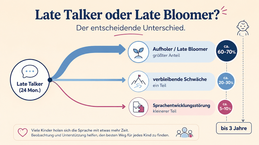 Verlaufsgrafik zeigt drei mögliche Entwicklungswege von Late Talkern bis zum dritten Geburtstag (KI-generiert)