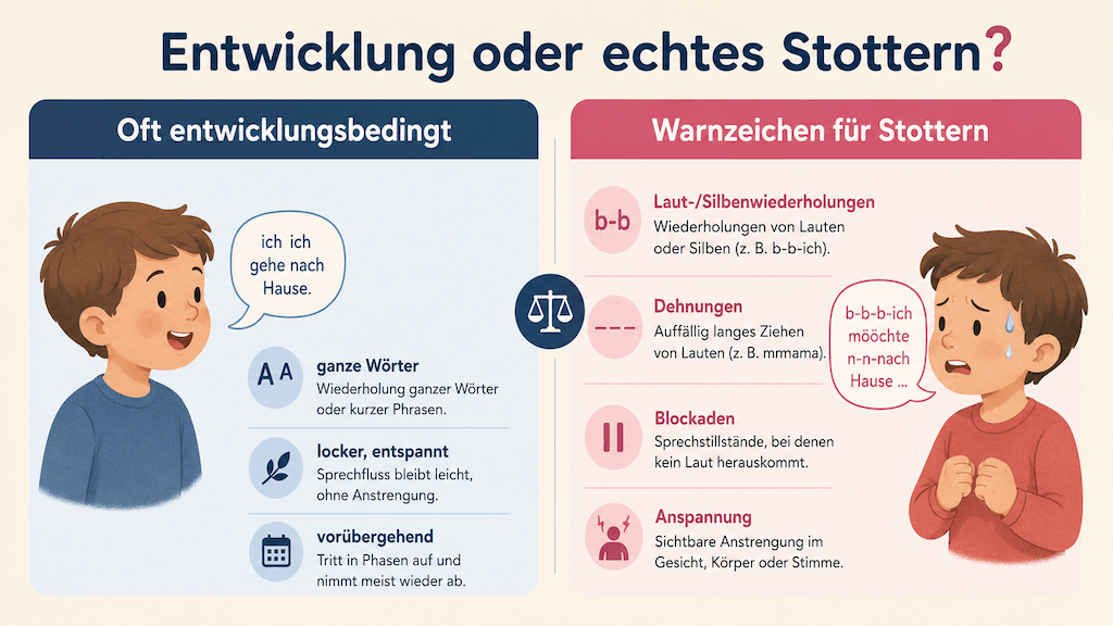 Vergleichsgrafik zwischen entwicklungsbedingten Unflüssigkeiten und Warnzeichen für echtes Stottern beim Kind (KI-generiert)