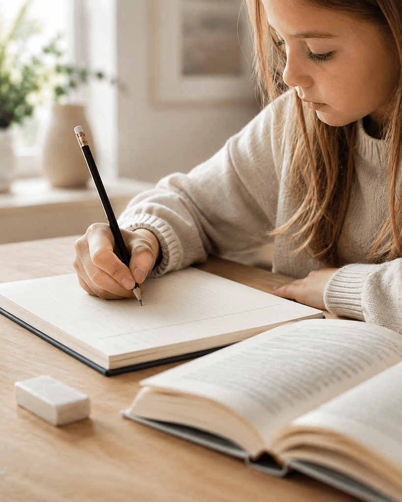 Kind schreibt konzentriert am Tisch