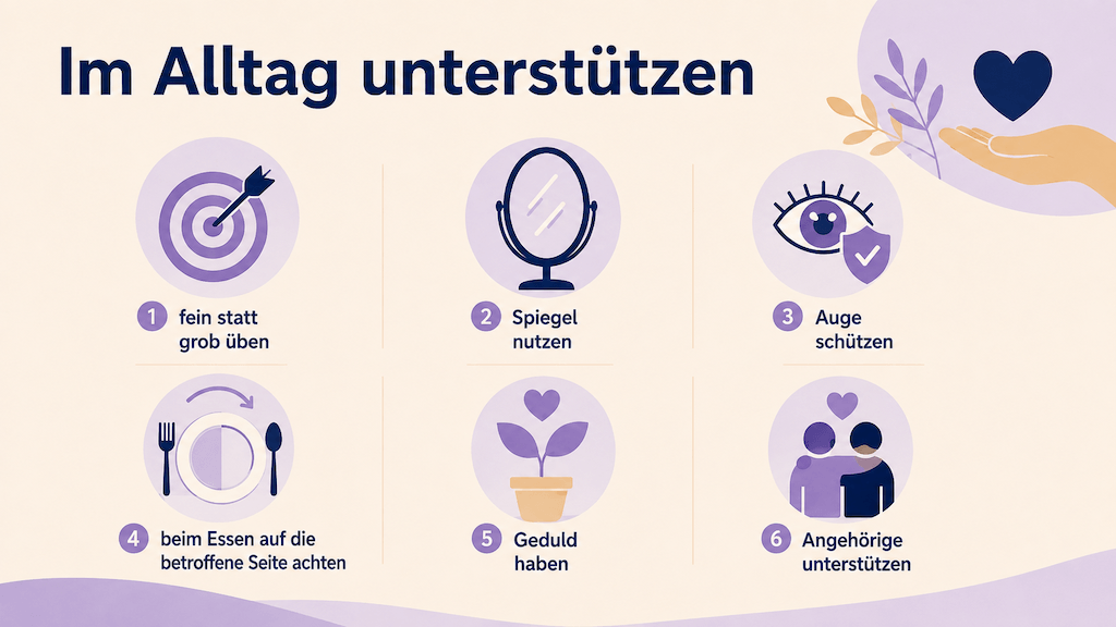Infografik zeigt Alltagstipps bei Fazialisparese, etwa fein statt grob üben, den Spiegel nutzen und das Auge schützen (KI-generiert)
