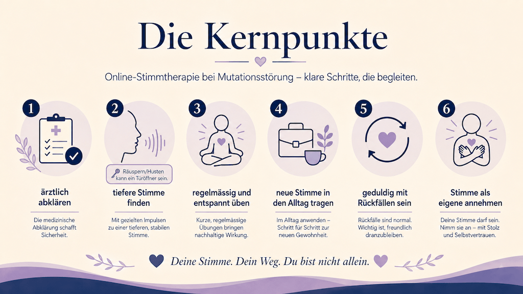 Infografik fasst die Kernpunkte der Therapie bei Mutationsstörung zusammen, etwa ärztlich abklären, tiefere Stimme finden und regelmässig üben (KI-generiert)