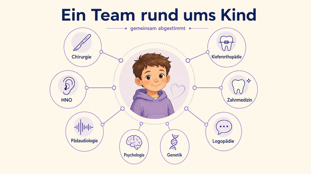 Infografik zeigt das interdisziplinäre Team rund um ein Kind mit Lippen-Kiefer-Gaumenspalte, darunter Chirurgie, HNO, Kieferorthopädie und Logopädie (KI-generiert)
