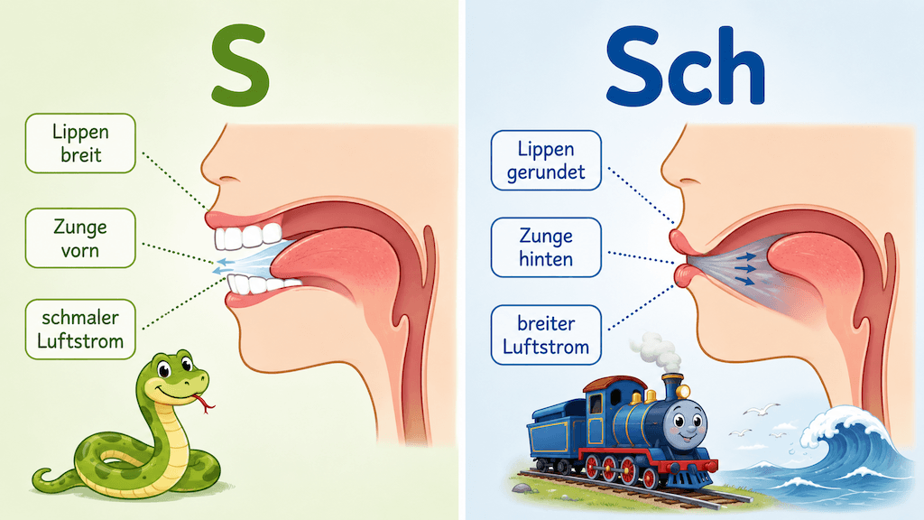 Vergleich der Lippen- und Zungenlage beim S-Laut und beim Sch-Laut mit Schlange und Lokomotive als Merkbild (KI-generiert)