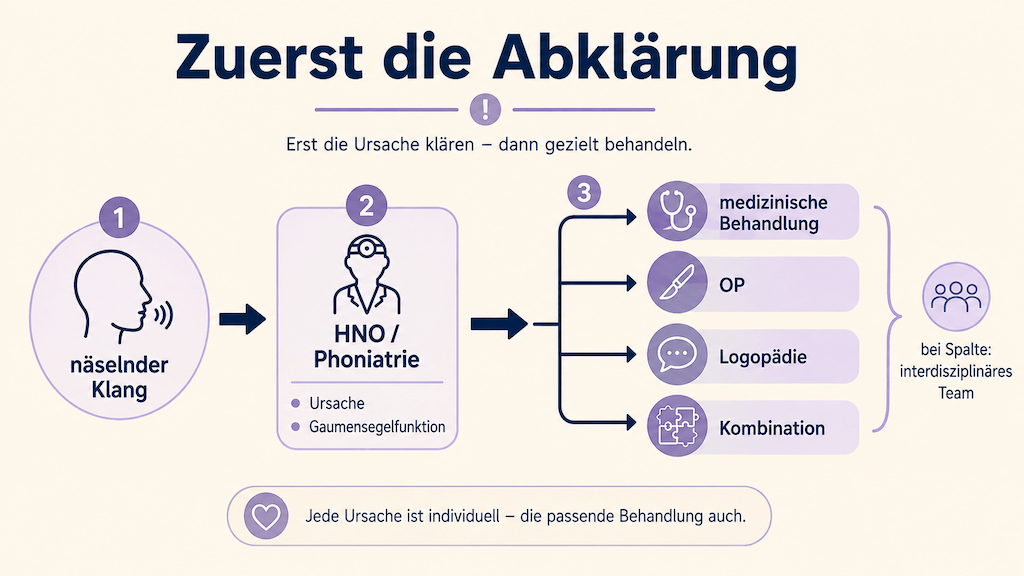 Ablaufgrafik zeigt, dass bei Näseln zuerst die HNO- oder phoniatrische Abklärung der Ursache kommt und sich danach der Behandlungsweg richtet (KI-generiert)
