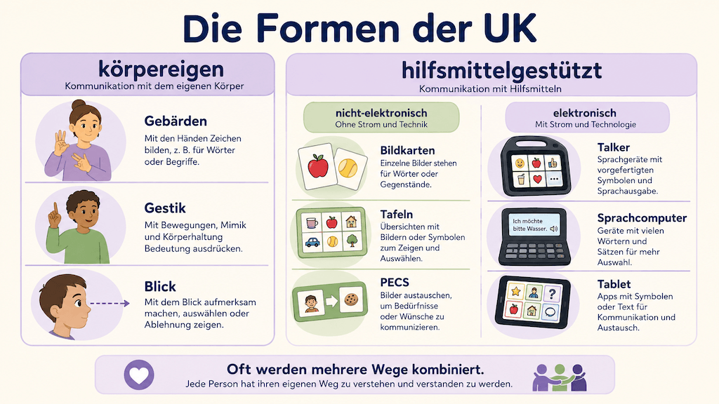 Infografik zeigt die Formen der unterstützten Kommunikation, von Gebärden über Bildkarten und PECS bis zu Talkern und Sprachcomputern (KI-generiert)