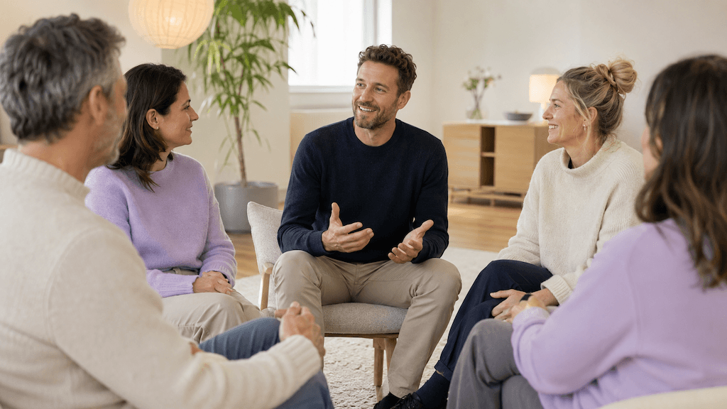 Kleine Gruppe erwachsener Menschen im offenen, unterstützenden Gespräch als Sinnbild für Selbsthilfe beim Stottern (KI-generiert)