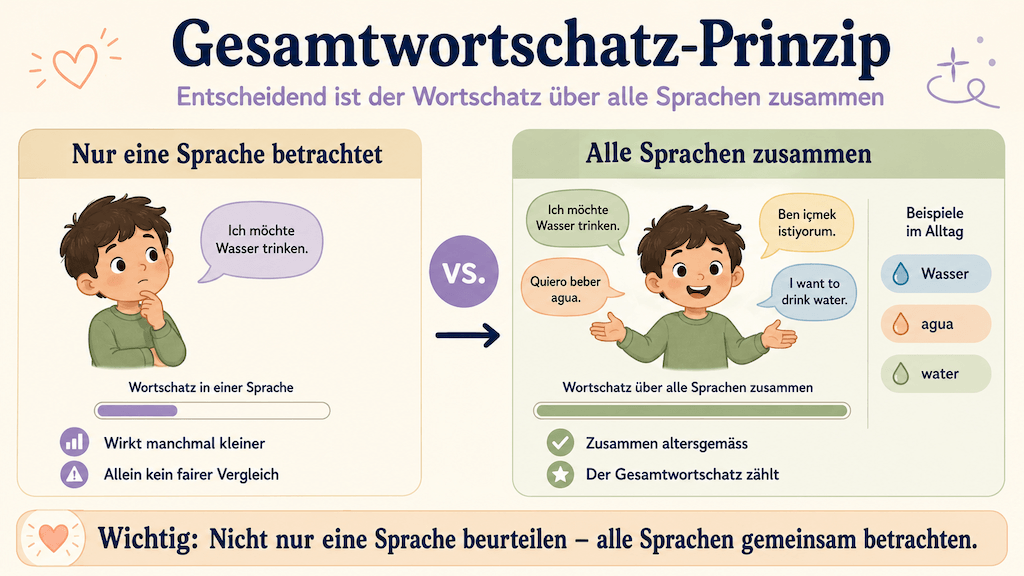 Infografik erklärt das Gesamtwortschatz-Prinzip: der Wortschatz über alle Sprachen zusammen zählt, nicht eine Sprache allein (KI-generiert)