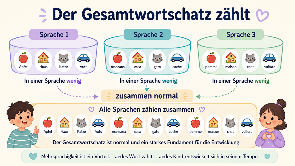 Infografik veranschaulicht das Gesamtwortschatz-Prinzip, bei dem der Wortschatz über alle Sprachen eines Kindes zusammen betrachtet wird (KI-generiert)