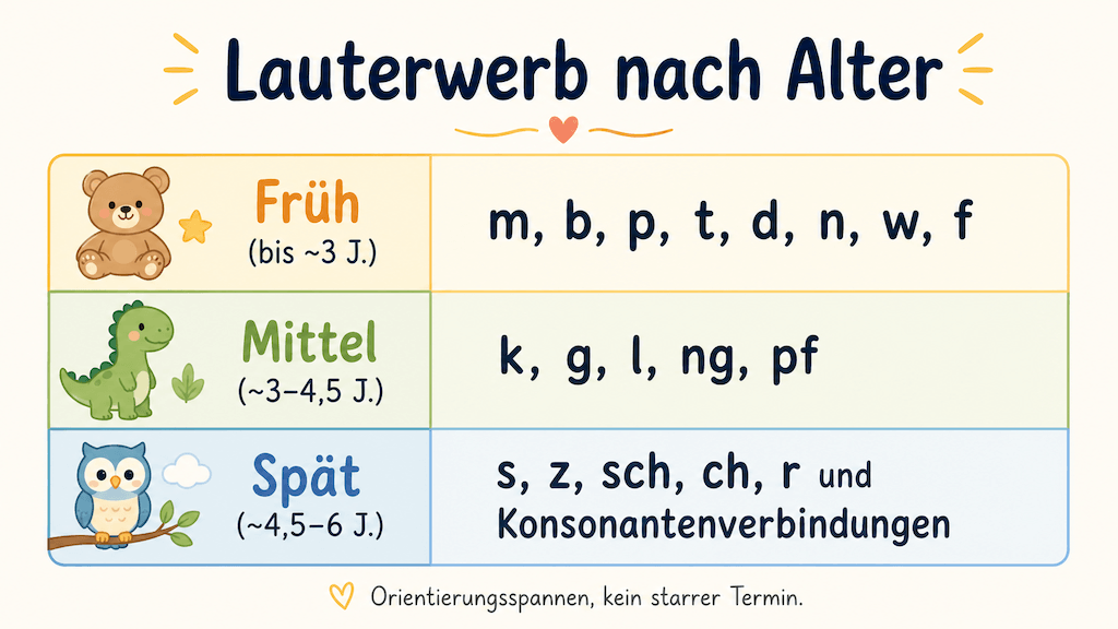 Lauterwerbstabelle zeigt, welche Laute Kinder ungefähr in welchem Alter erwerben, von frühen Lauten wie m und b bis zu späten wie s, sch und r (KI-generiert)
