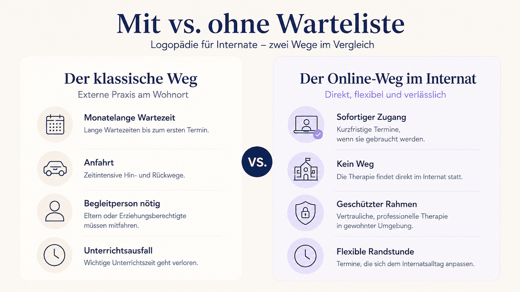 Infografik vergleicht den klassischen Weg mit langer Warteliste und externer Anfahrt mit der Online-Logopädie direkt im Internat (KI-generiert)