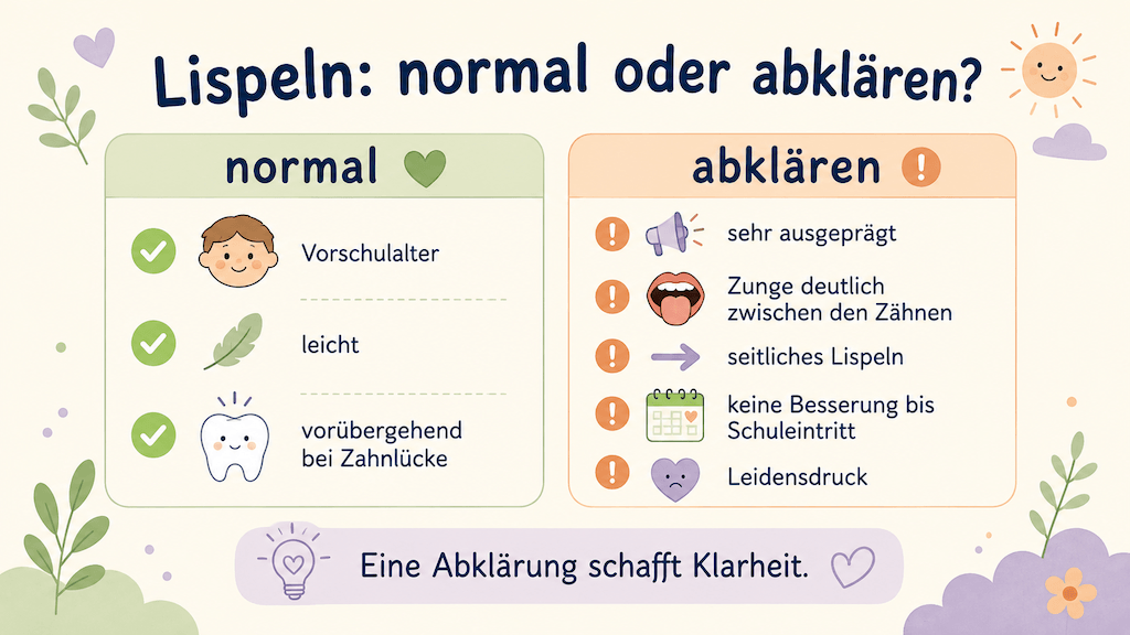 Infografik unterscheidet normales Lispeln im Vorschulalter von Situationen, die eine Abklärung nahelegen (KI-generiert)