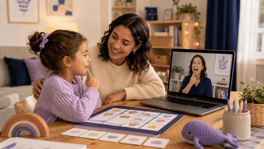 Kind übt zu Hause am Bildschirm spielerisch das Sprechen, die Logopädin leitet über Video an und ein Elternteil ist eng dabei (KI-generiert)