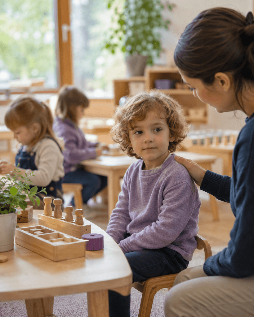 Kind wirkt in einer Gruppensituation zurückhaltend und still, einfühlsam und würdevoll dargestellt (KI-generiert)